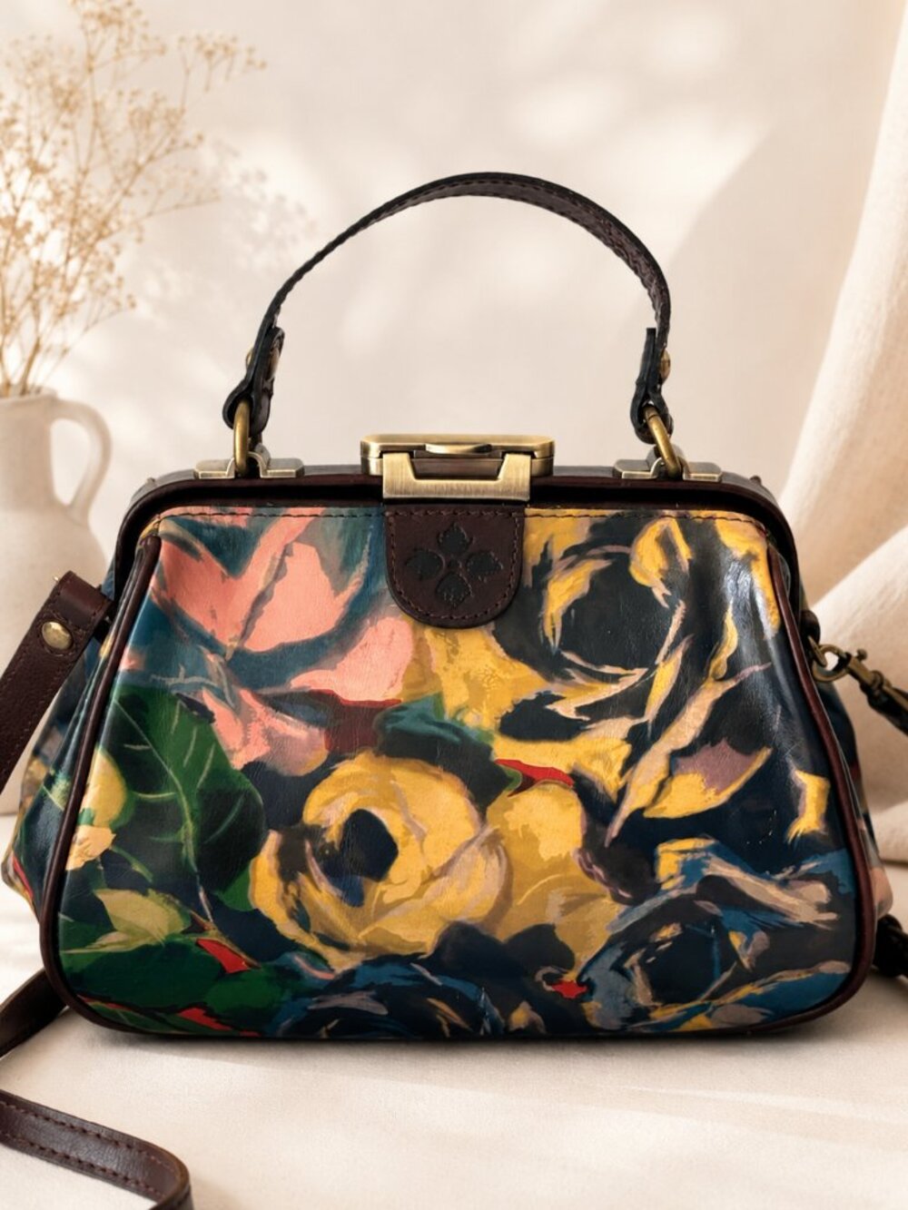 Patricia Nash Gracchi Frame Leather Winter Bloom Handbag Xbody Floral Brown